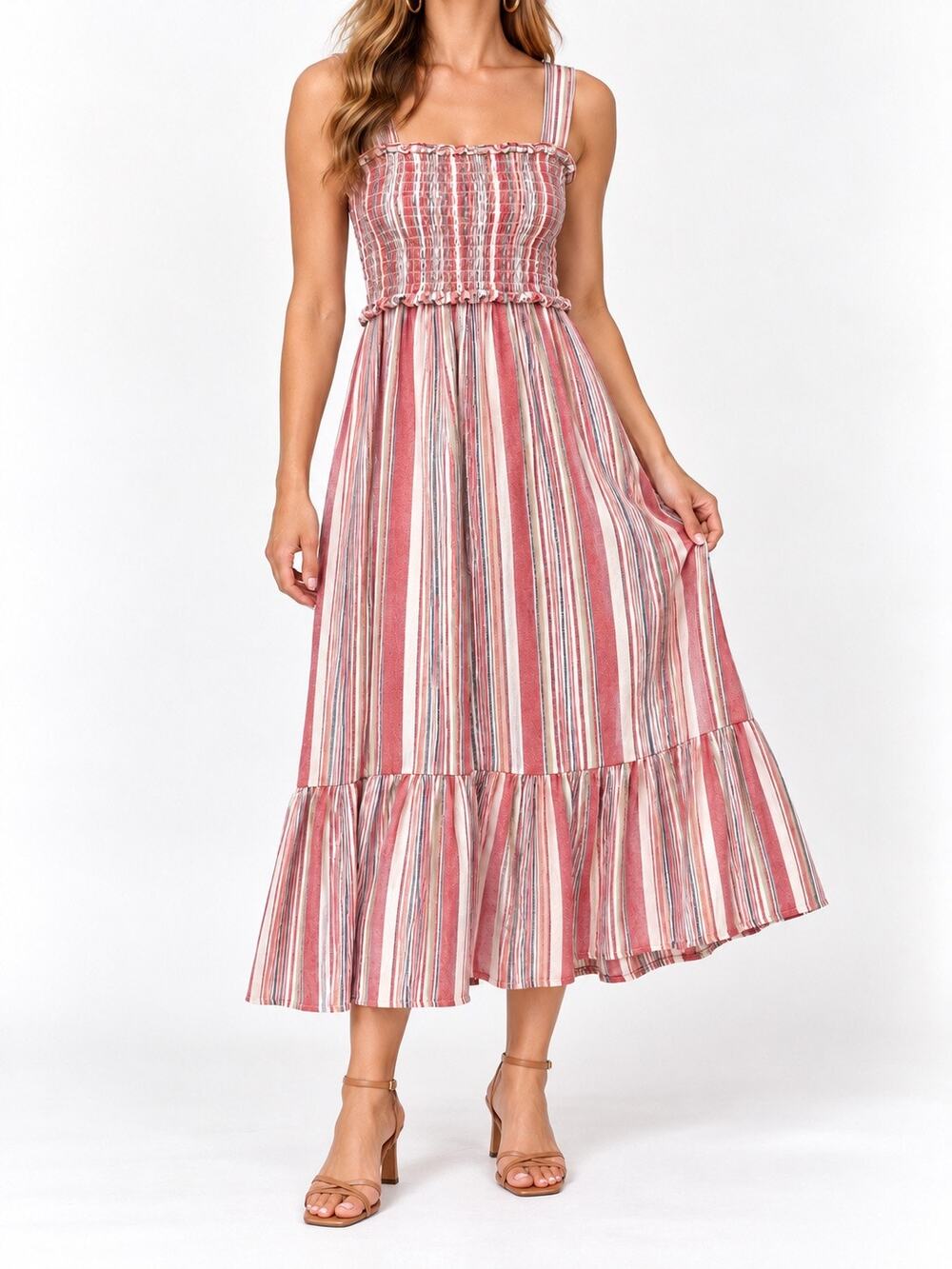 Knox Rose Striped Smocked Midi Dress Small Red Cream Ruffle Hem Boho Cottagecore